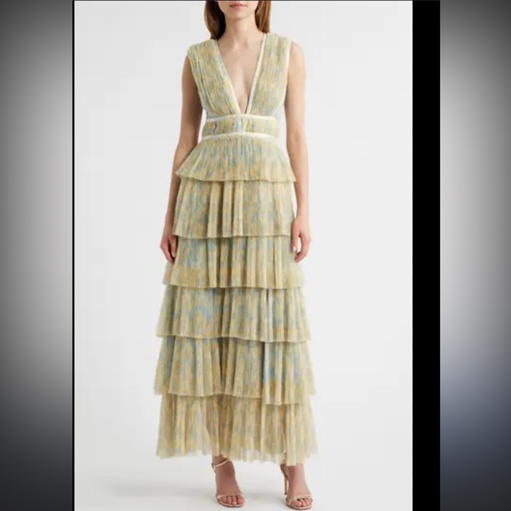 Hutch Sleeveless Tiered V-Neck Maxi Dress in Yellow and Light Blue